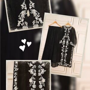 Elegant Black and White Embroidered Long Sleeve Dress